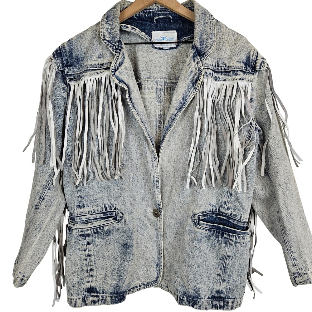 Sergio Valente acid-washed blue denim jacket‎ white leather fringe trim, size S